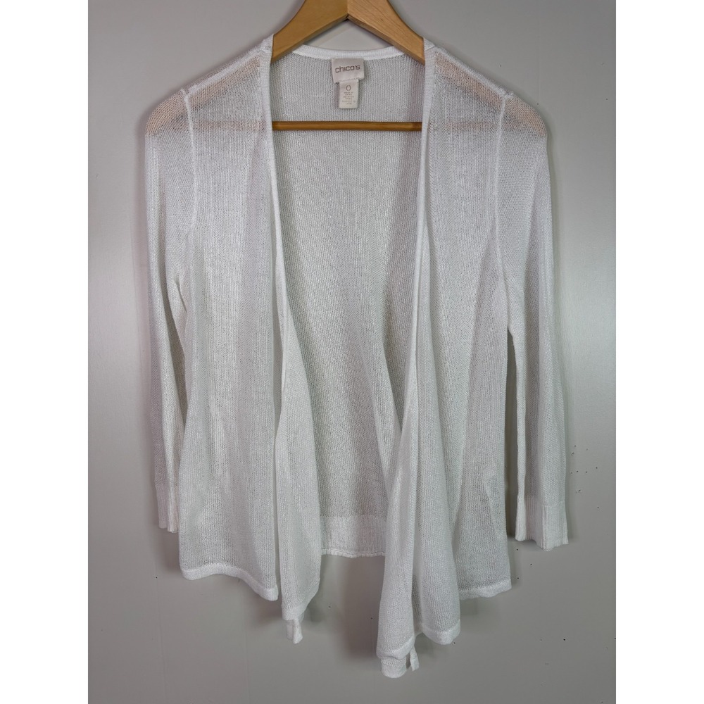 Chico's Cardigan 0 Womens Small White Lightweight Sheer 3/4 Sleeve Open-Front